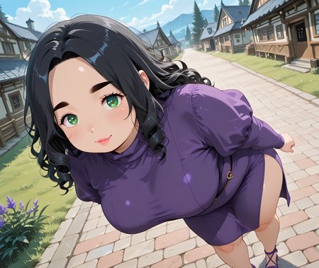 IllusP0s, PonyScores7, source_anime, ah1, IllustriousQual, interesting, exciting, spectacular, wonderful, amazing quality, absolutely eye-catching, very awa,
BREAK <lora:xl_more_art-full_v1:0.2>, <lora:aesthetic_anime_v1s:0.2>, <lora:detailxl:0.2>, detailxl, amazing quality, best aesthetic, absurdres, illustration, Volumetric_Lighting, ultra-detailed, very aesthetic, intricate details, best_quality, lazympos, <lora:Add_Details_v1.2:0.4>, <lora:quality_modifiers_masterpieces_v1:0.2>, anime style, <lora:HDA_Detailer:0.3>, <lora:natsumi_style:0.2>, <lora:by_usakun-pony:0.2>, by usakun, <lora:Akina_Bbw_Style_-_PonyXL:0.2>, AkinBw,
BREAK (((performing steel-magic))), dynamic pose,
BREAK 1girl, mature female, (curvy), round-chin, caucasian, <lora:ETO_OC_Illustrius:0.5>, eto_oc, skindentation, (plump), thick thighs, wide hips, busty, voluptuous, round ass, large breasts, <lora:plussizegirls_IL:0.3>, <lora:plussizegirls_pony:0.3>, <lora:shinyskin2:0.2>, glistening skin, HDA_FatGirlXL, <lora:perfection style:0.2>, perfection style, perfection, 
BREAK ((joyful purple wrap dress with a high slit and flutter sleeves paired with purple sandals)),
BREAK (curly hair), long hair, (black hair:1.4), (parted hair:1.7), messy hair, kinky curls, detailed hair, <lora:hairdetailpxl:0.2>, hairdetailpxl,
BREAK (half green and brown eyes), (colorful eyes), (multicolored eyes), (downturned eyes:1.4), expressive eyes, perfect eyes, eyes hd, detailed eyes, (round face:1.2), (thick eyebrows:1.3), (plump face), lips, <lora:Round_face:0.2>, iris lines, <lora:Detailed eyes-Illustrious:0.3>, iris and pupil, soft shimmer on the iris,
BREAK (((no pupils expression))), Expressive, emotional, looking at viewer, Face Detailed, <lora:Expressive_H:0.2>, Expressiveh, <lora:Emotional_Anime_Expressions_PonyXL_Concept:0.2>, <lora:Best_Facial_Expression_LoRA_PONY:0.2>, looking at viewer, <lora:Detailed expressive EXEV style -XL Pony V1.0:0.2>, FaceDetail, <lora:Best_Facial_Expression_Helper_XTREME_ILLU:0.4>, kaogei,
BREAK (((at a scenic historic village))), (((Eye-level angle, legs focus))), 4k, 8k, Ultra HD, Masterpiece, Best quality, Detailed background, foreshortening, extreme perspective, full_details, <lora:AddMicroDetails_Illustrious_v4:0.3>, addmicrodetails,