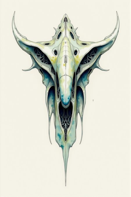 <lora:Watercolor_sketch_v.1:0.8> Watercolorsketch style. The alien spacecraft is depicted with delicate watercolor washes in muted, ethereal tones of soft blues, grays, and pale greens, giving it an organic yet highly technical appearance. Transparent layers of color subtly enhance the intricate biomechanical structure, emphasizing its flowing, almost skeletal design. The edges are carefully outlined with fine ink work, capturing the complex curvature and otherworldly symmetry of the vessel. Subtle shading techniques using light washes and controlled bleeding create a sense of dimensionality, with deeper blue-gray hues accentuating shadowed recesses and delicate highlights in soft whites suggesting reflective, bio-engineered materials. The central fuselage is enriched with gradient washes, smoothly transitioning from light to dark, showcasing the alien craftsmanship with a blend of industrial and organic aesthetics. Hints of sepia-toned linework provide a vintage technical feel, lending the illustration an air of scientific documentation. The background remains minimal, with a few abstract washes suggesting motion or cosmic surroundings, ensuring focus remains on the shipâs intricate design while maintaining the fluid, expressive quality of watercolor.
