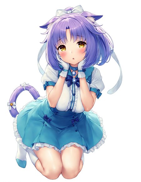 masterpiece, best quality, good quality, very awa, very aesthetic, absurdres, newest,cinnamon \(nekopara\), 1girl, solo, tail, cat ears, cat tail, hands on own face, bell, gloves, collar, neck bell, bow, purple hair, open mouth, yellow eyes, hands on own cheeks, ponytail, blush, large breasts, socks, frills, puffy sleeves, white background, ribbon, looking at viewer, jingle bell, tail ornament, skirt, short sleeves, hair bow, puffy short sleeves, hair ribbon, kneehighs, tail bow, full body, white gloves,<lora:cinnamon_nekopara:0.8>