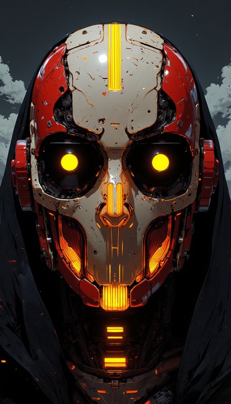 A close-up shot of a robotic assassin face, with a black high collar and large black eyes, the entire face is illuminated by a series of bright yellow lights. The central body of the assassin is shaped like an qr-code or bar code, with the right half of the body facing forward and the left half facing forward, creating a sense of depth and perspective. The background is a deep, cloudy sky, obscuring the top portion of the human figure, which resembles a small, detailed illustration of the human face, which is also illuminated by the lights. The overall color palette is dominated by shades of red, white, and brown.