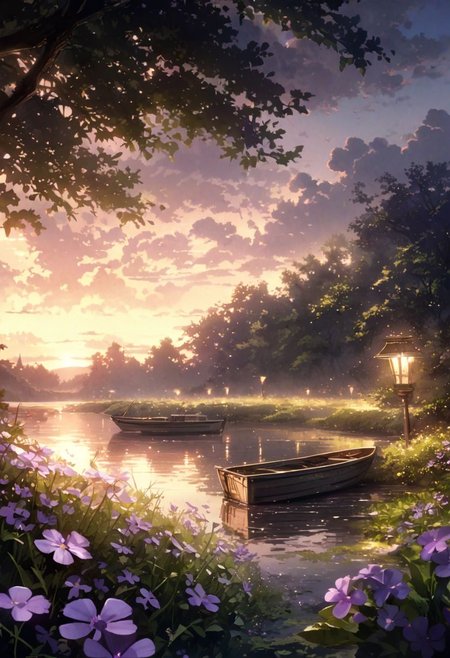 detailed background,( Calm spring night landscape), amongst lush greenery, beautiful view, creeping phlox in full bloom, creeping phlox, early morning, sunrise sky, beautiful clouds, dappled sunlight, outdoor seating, one lamp, Tranquil Lake, Boat on a Lake, depth of field, masterpiece, best quality, ultra-detailed, very aesthetic, illustration, perfect composition, intricate details, absurdres, moody lighting, wisps of light, no humans,