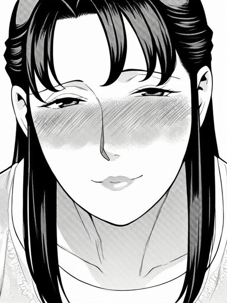 score_9, score_8_up, score_7_up,  
1girl, monochrome, suzuki tk, mature female, long hair, black hair, large breasts,

looking at viewer, smile, closed mouth, t-shirt, face, close-up, white background, nose blush, narrowed eyes,
