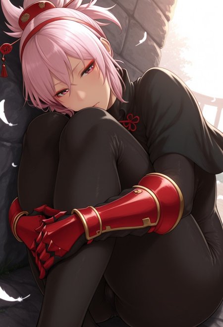 outdoors, undershirt, falling feathers, black bodysuit, hair stick, hugging own legs, , gauntlets,   eyeshadow,   red gloves,  high ponytail,  , black capelet, red hairband, pink eyes, 1girl, solo
 dynamic angle, foreshortening, tanic,