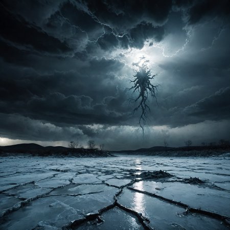 horror-themed photograph inspired by the works of h.p. lovecraft, a pale ominous light emanates from cracks in the ice, causing the (night:1.3) clouds above to illuminate the blighted landscape with a sickly glow  <lora:xl_more_art-full_v1:0.8> <lora:LCM_LoRA_Weights:0.3>