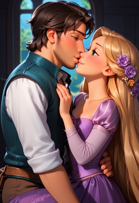 score_9,score_8_up,score_7_up, rapunzel, FlynnRider, muscular FlynnRider, rapunzel, couple, girl with green eyes, boy with brown eyes, happy, kissing