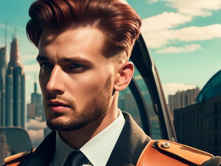 headshot portrait of a handsome man in an office, window, city view, clouds ,retrofutur5-400, photography