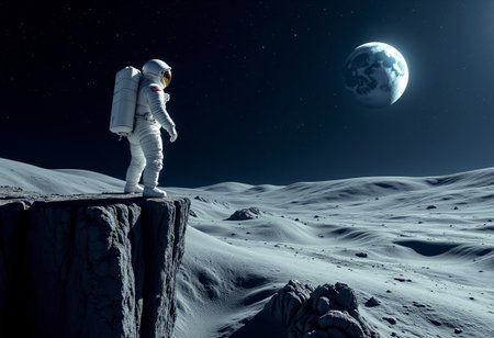 IMG_1017.CR2, astronaut ON THE EDGE OF A CLIFF ON THE MOON SURFACE,, WHITE MOON BOOTS,   low gravity environment,  Earth visible in the distant starry sky, dramatic lighting casting shadows, a sense of adventure and exploration, cool tones contrasted with the bright white suit, ultra-detailed, 4K resolution, expansive view of the cosmos, serene yet awe-inspiring atmosphere, focusing on the vastness of space and humanity's curiosity.