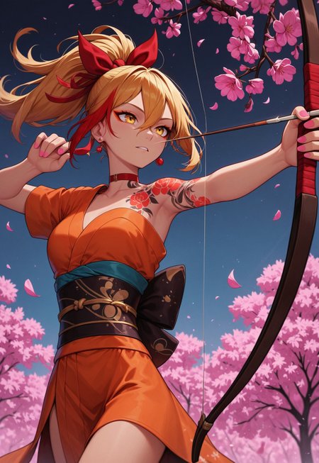 masterpiece, best quality, amazing quality, p0nyd1sney1ncasev1x0n2, 1girl, 25 years old, perfect face, 
yellow eyes, orange eyeliner, 
blonde hair, long hair, ponytail, hair between eyes, earrings, stud earrings, red hair ribbon, 
red choker, 
obi, hadanugi dousa, orange kimono, obiage, obijime, sash, short sleeves, single bare shoulder,
chest tattoo, flower tattoo, pink nails,
bow (weapon), drawing bow, holding bow (weapon), 
cowboy shot, dynamic angle, dynamic pose, 
spring, cherry blossoms