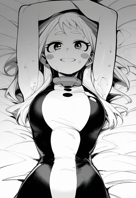 flatshinyskin, score_9, score_8_up, score_7_up , 1girl, 1girl, mosaic censoring, slight seductive pose,, medium breasts, sweating, breasts,, long skirt, 1girl, solo focus, Upper body, hands raised up, hands above head, armpits,  wet, sweaty, sweating, steam, lying on back, low angle, under boobs, 
ochako_uraraka, 1girl, score_9, score_8_up, score_7_up, Monochrome,  MANGASTYLE ,bodysuit, solo focus, perfect body, curvey, thick waist, thick body, skin tight dress, , front view, front focus,
looking at viewer, happy, smiling, medium long hair,, long bangs, long forehead bangs
