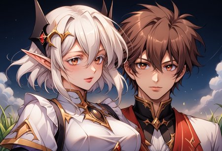 score_9, score_8_up, score_7_up, score_6_up, score_5_up, score_4_up, detailed, intricate details, source_anime, (1_girl, focus), zerida-dark, 1girl, , short hair, sidelocks, breasts, parted lips, bangs, large breasts, hair ornament, red eyes, , White Eyelashes, , hair between eyes, , White Hair, , pointy ears, elf, Eyelashes, Colored Eyelashes,   1girl, 1man, ((man and girl)), 1man:, issei_hyoudou, ((brown hair, brown eyes, hair between eyes)), Fit body, BREAK, 1girl, 1boy, hetero,  dancing , large breasts, outside, grassy field, night , cowboy shot
  detailed eyes、detailed face and detailed skin <lora:add-detail-xl:1.0>,
