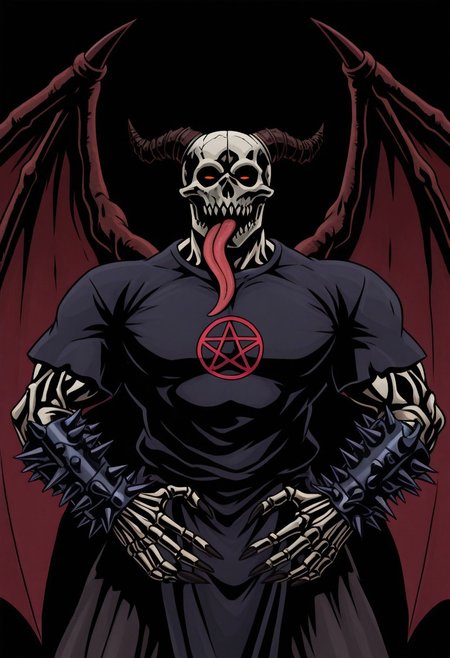 M4j0r4, anime coloring, flat colors, (dark shading 1.4),chidaruma, upper body, from angle, 1boy, tongue out, demon wings, spiked bracelet, teeth, fingernails, pentagram, traditional media, black background, skeletal hands, bold lines, high contrast, dramatic shadows, rough textures, strong comic book aesthetic, Black outline, thick outline,