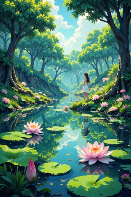 a pond with water lilies beautiful anime landscape, early morning, woman, very intricate, very detailed, sharp, bright, colorful, <lora:Hand v2:0.5> <lora:Anti-Blur:1><lora:Insane Detail Slider:0.25>  <lora:flux.1_lora_flyway_Epic-detail_v2:0.3> <lora:fluxenhancer:0.25> <lora:ROWER:0.6> <lora:flux-charmer-v1-1:0.4> <lora:Colorful_Fantasy_Art_for_FLUX:1> fantasy art