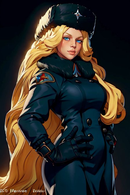 masterpiece,best quality,extreme detail,8k,<lora:Kolin:0.8>,kolinsf5,1girl,solo,long hair,looking at viewer,blue eyes,blonde hair,simple background,gloves,hat,very long hair,upper body,parted lips,lips,coat,hand on hip,buttons,watermark,black background,nose,winter clothes,fur hat,ushanka,