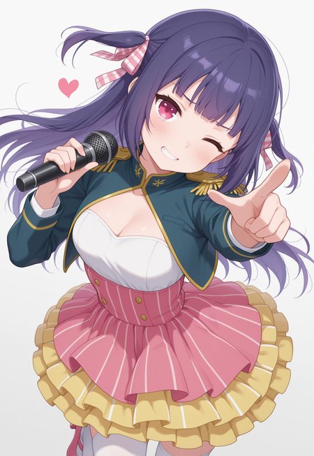 masterpiece, best quality, amazing quality, 

ringo kinoshita, pink eyes, purple hair, long hair, blunt bangs, sidelocks, two side up, hair ribbon, stripped ribbon, pink ribbon, white dress, strapless dress, (green jacket:0.7), (blue jacket:0.6), cropped jacket, naval jacket, cleavage cutout, long sleeves, epaulettes, layered skirt, frilled skirt, pink skirt, striped skirt, high-waist skirt, yellow skirt, (bubble skirt:0), white thighhighs, green ribbon, pink footwear, low block heels, pink ribbon, 

simple background, white background, 

1girl, cowboy shot, dutch angle, standing, standing on one leg, head tilt, looking at viewer, wince, smile, clenched teeth, heart, hands up, holding microphone, microphone, pointing towards viewer, foot up