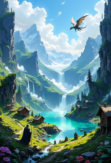 in the style of ck-ovf,  A valley surrounded by impossibly high cliffs, with waterfalls cascading down from glacial peaks into a crystalline lake that glows in shades of blue and green. Alongside the lake lies a village of wooden cottages with sloping roofs covered in flowers and moss. The villagers are dwarves, dressed in intricately woven robes, gathering herbs and crafting magical artifacts. The sky is clear, with a single, massive dragon gliding across, casting a long shadow over the valley. The scene feels peaceful yet adventurous, a harmonious blend of nature and ancient magic, like an illustration in a fantasy storybook.
