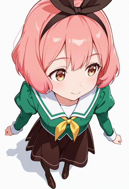 masterpiece,high quality details,absurdres, 
 <lora:Koshiba_Mai:0.8>
mar_cnr, 1girl, pink hair, short hair, bangs, brown eyes,black hairband,
mar_s1,green shirt, white sailor collar, serafuku,long skirt,black-brown skirt, juliet sleeves,pantyhose, loafers,, simple background, white background, from above,solo,, :>,