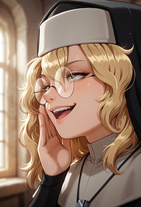 masterpiece, best quality, 32k, high resolution, absurdres 
1girl, solo, mack, blonde hair, glasses, yellow eyes, 
 habit, nun , nun dress, cross necklace, 
closeup, closeup to face, portrait, outside border, laughing, open mouth
indoors
light particles, dynamic angle,  cinematic angle, various angles, detailed background, beautiful background, (rays light:1.0),(grow:1.0) vivid colors, shiny and glossy, anime style, high-res, beautiful aesthetic, very intricate, high-quality details, vibrant, 
<lora:add-detail-xl:1.10> <lora:spo_sdxl_10ep_4k-data_lora_webui:0.95> <lora:noobai_ep11_stabilizer_v0.138_fp16:0.6> <lora:StS-Illustrious-Detail-Slider-v1.0:1.10> <lora:cfg_scale_boost:0.95> <lora:nyalia:0.20>  <lora:MacKillop_illustrious:0.8>