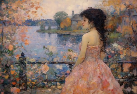 1girl, from behind, standing, long pink dress, bare shoulders, long black hair, hair blowing in the wind, looks at the lake, Falling leaves, wind blowing, silence,
Everything I love, I lost.
lake, railings, flower, petals, 
Life is a long play, I am the main character, both comedy and tragedy.
loneliness, grimm, suffering, hopelessness, sad, 
(art by Dima Dmitriev), figure-studies, Impressionism,  nature, oil-painting, romanticism, 
fantasy, femininity, Impressionism, magic-realism,  
impressionist painting, loose brushwork, vibrant, light and shadow play, captures feeling over form, 
figure-studies, Impressionism, oil-painting, romanticism, elegance, opulence,
OByouhua, oil painting