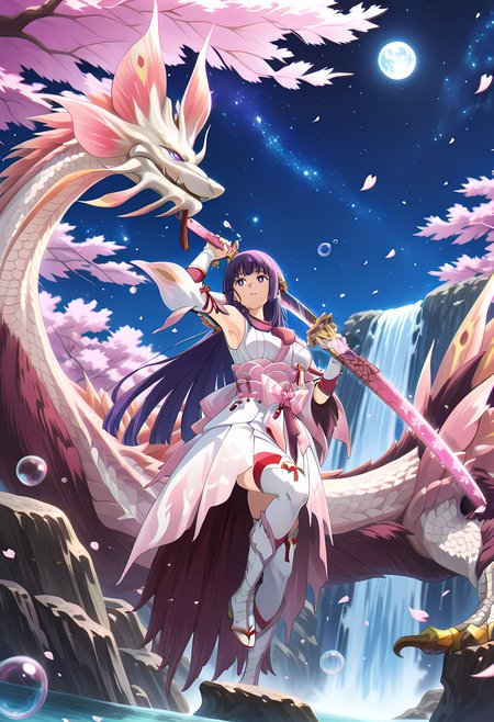 , source_anime, intricate details, masterpiece, high quality, prefect hands, best quality,, 1girl, solo, detailed eyes , anime coloring,
,
<lora:SousouNoFrieren_Fern_IlluXL:1> purple hair, long hair, purple eyes, bright pupils, 
 <lora:Mizutsune Armor illuXL v1:1> mizutsune armor, white detached sleeves, white thighhighs, white wataboushi, yellow sandals, white kimono , pink katana, holding pink katana , waterfall, starry sky, night sky, full moon, river, rock,, bubble , tamamitsune, eastern dragon, 1other, no humans, blue eyes, bubble, petals,cherry blossoms,