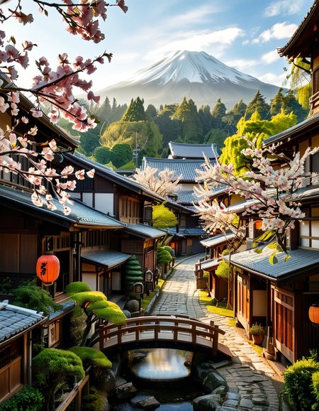 A picturesque traditional Japanese village nestled in a serene valley, surrounded by lush green mountains under a soft morning mist. The village consists of wooden houses with thatched roofs (gassho-zukuri style), showcasing intricate wooden details and sliding paper doors. A narrow stone-paved path winds through the village, leading to a small red torii gate at the entrance of a Shinto shrine. Cherry blossoms in full bloom line the streets, their pink petals gently falling in the breeze. A tranquil river flows through the village, crossed by an old wooden bridge with moss-covered stones. Villagers in traditional kimonos and straw hats go about their daily livesâan elderly man sweeping his porch, a woman carrying a basket of fresh produce, and children playing near a koi pond. The atmosphere is peaceful and nostalgic, with warm sunlight filtering through the trees, casting dappled shadows on the ground. The scene is rich in traditional Japanese aesthetics, evoking a sense of harmony and timeless beauty.
<lora:SDXLFaeTastic2400:0.4> <lora:extremely_detailed:0.4> extremely detailed,<lora:traditional_Japanese_v1ll4g3:1>,traditional Japanese v1ll4g3, Masterpiece,best quality,hi res,8k,hi res,8k,award winning,(sharp focus, intricate, highly detailed),