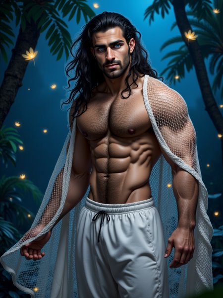 Orhun has blue eyes. He has long black hair, He is an attractive man and is muscular.He stands in an enchanted environment. It is night and fireflies fly around him. They illuminate him. A fluorescent aura surrounds him. He wears white linen trousers, a white mesh cloak covers his shoulders and arms. His hairy chest is open.