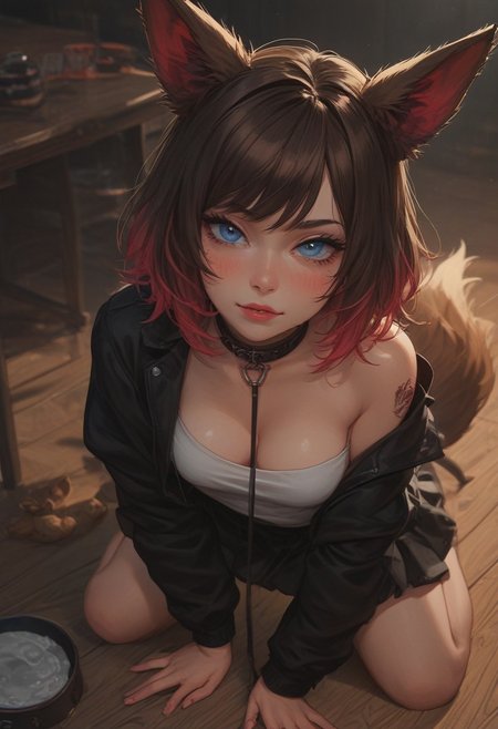 (score_9, score_8_up, score_7_up, 25 Years old, from above, brown hair, Pink Hair, dark hair, two toned hair, medium breasts, looking at viewer, Sitting, 1girl, choker, collar, shock collar, Marked Tattoo, Tattoo, Standing, Eevee ears, Eevee tail, pet, pet play, bdsm, Light skin, Neko, Blue Eyes, Eevee eyes, Fox Ears, Fox Tail, Jacket Shirt, Expressiveh, may, confident, submissive, Neon, RGB, Sexy Attire, Skirt, Black Skirt, Black Jacket, Sitting on the floor next to a table, all fours, leash, dog bowl on floor, table, chairs, drinks
Indoors, Proffesional lighting, Kink club, BDSM Club, Table, Drinks, HDA_pet_play