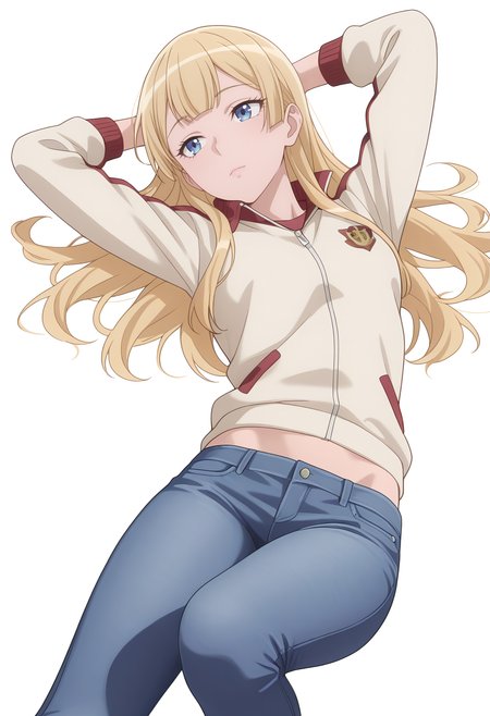 Smooth Quality,masterpiece,very intricate, high quality details, ultra realistic, high detailed skin,
simple background, white background,
front view,=^=,ohikaenasutte,lying, hands behind head, knee bent, relaxed, casual,  ,
track jacket, ,skinny jeans, , 
<lora:Rembrandt_Sifcnn:0.8> RembrandtSif/cnn, 1girl, solo, long hair, blonde hair, blue eyes,