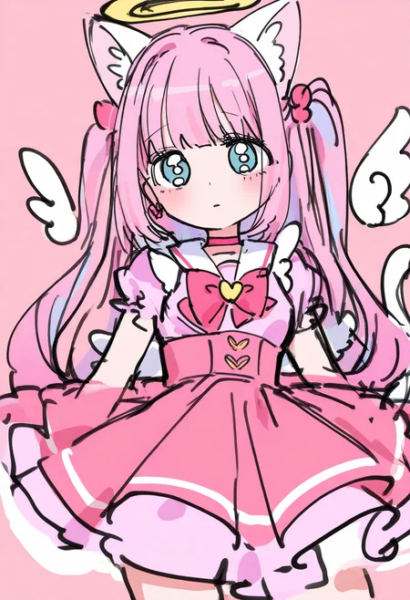 best quality, amazing quality, very aesthetic, absurdres, sketch,
BREAK
1girl, angel wings, animal ears, blue eyes, cat ears, cat girl, cat tail, dress, long hair,
looking at viewer, magical girl, pink hair, pink theme, solo, tail, wings, yume kawaii, yume ne,   <lora:DoodleNoob_byKonanV2:1>