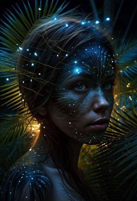 close-up face, mysterious silhouette of a woman, glowing fireflies illuminating her, night time palm trees, goddess, alluring, by Minjae Lee, Carne Griffiths, Emily Kell, Steve McCurry, Geoffroy Thoorens, Aaron Horkey, Jordan Grimmer, Greg Rutkowski, amazing depth, double exposure, surreal, geometric patterns, intricately detailed, bokeh,  perfect balanced, deep fine borders, artistic photorealism , smooth,  great masterwork by Suiras  <lora:add-detail-xl:2>  <lora:Double_Exposure:0.5>