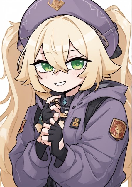1girl, dokibird (vtuber), huge breast, black gloves, blonde hair, fgsfds (meme), fingerless gloves, gibberish text, gloves, green eyes, grey jacket, hair between eyes, hand up, impact (font), index finger raised, jacket, jkterjter (phrase), long hair, long sleeves, meme, purple headwear, smile, solo, twintails, upper body,zPDXL3 <lora:HODU57:1>