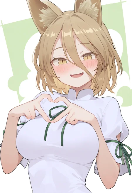 masterpiece,best quality,amazing quality,
1girl, solo, heart, animal ears, kudamaki tsukasa, heart hands, blonde hair, fox ears, upper body, hair between eyes, looking at viewer, open mouth, breasts, green ribbon, smile, short sleeves, romper, blush, short hair, ribbon, yellow eyes, slit pupils, bangs, puffy sleeves, bow, puffy short sleeves, large breasts,
 <lora:Biyobiyo:1>