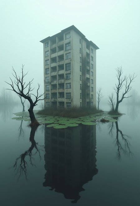 A grey, concrete Eastern European apartment block, typically seen in urban settings, precariously stands on a single giant lily pad, floating on the still, dark waters of an endless, eerie swamp. The fog hangs low, and twisted, dead trees emerge from the murky depths, creating a hauntingly surreal scene.