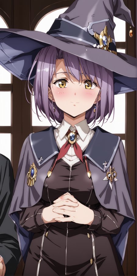 1girl, 1boy, masterpiece, highres, high quality,night, dark room,
score_9, score_8_up, score_7_up, score_6_up, source_anime,
(mature female), cowboy shot, 
BREAK
indoors, (blush:2), seductive smile, smile, 
covered nipples, 
BREAK,
BREAK,
Estelle, short hair, bangs, yellow eyes, purple hair, witch hat,<lora:Urushihara Satoshi_XL_PONY_V2:0.9>,<lora:WanderingWitch:0.8>