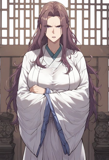 score_9, score_8_up, score_7_up, score_6_up, source_anime, rating_explicit, 1girl, (solo:1.1), huge breasts, <lora:Kyung Hee prefectPonyxl:0.75> long hair, purple hair, brown hair, purple eyes, chinese clothes, white robe, long sleeves, wide sleeves, serious, frown, open mouth, indoors, looking at viewer, crossed arms