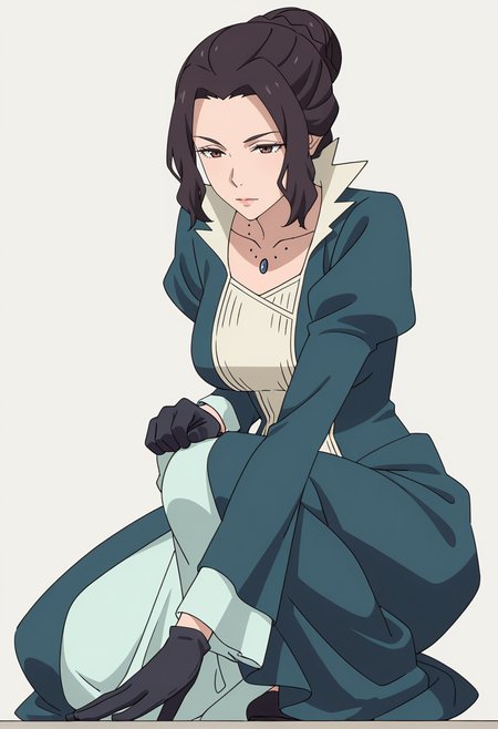 Smooth Quality,masterpiece,very intricate, high quality details, ultra realistic, high detailed skin,detailed enviorement,absurdres,
simple background, white background,
crouching, one hand on ground, other on knee, intense gaze, balanced stance,  ,from below,
 <lora:Blumund_Queen_cnn:0.7>blumundqueencnn,1girl, black hair, hair bun,mature female, 
long sleeves, blue dress, black gloves,jewelry, necklace,
