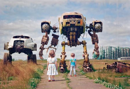 (((ultra high quality photo:1.8))) "vast overgrown field, extremely huge decrepit android, , aged and neglected appearance, advanced technology remnants, natural overgrowth, contrast between nature and forgotten futuristic elements"  a rusted car next to the robot, barn in the distance,  (((new robot)) walking with a child (holding hands) Simon Stlenhag Style, photo in phst artstyle, film photography style, light grain,