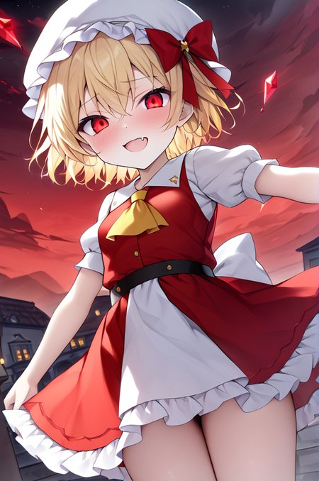 outdoor,Flandre_Scarlet,petite.red moon,dark night,night sky,crazy smile,flying sky,fang,small_breasts, short_hair, blonde_hair, red_eyes, bangs, hair_between_eyes, mob_cap, white_headwear, hat_bow, red_skirt, yellow_ascot, red_vest, red_bow, frills, white_shirt, puffy_short_sleeves, frilled_skirt,large gems of various colors,open arms for viewer<lora:better skin typeB-v1:0.7>  <lora:XDetail_light:1> <lora:Flandre_Scarlet:0.7>masterpiece,best quality,