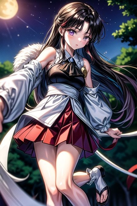 masterpiece,  best quality 1girl Setsun4 solo long hair,  (night time) forest background black hair very long hair purple eyes multicolored hair armor (fur trim) (medium body),<lora:EMS-179-EMS:0.800000>,<lora:EMS-293862-EMS:0.800000>ascot, bare shoulders, black footwear, detached sleeves, embellished costume, frills, japanese clothes, nontraditional miko, red skirt, sandals, sarashi, skirt, socks, armor, miko