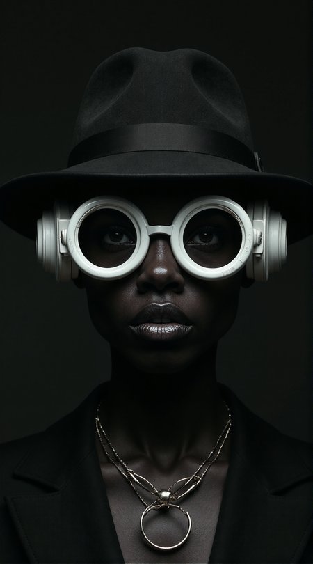 (In the style of rossdraws),
Create a striking and enigmatic portrait of a person, centered in the frame, embodying a futuristic and avant-garde aesthetic with high-fashion editorial flair. The subject is adorned in a black hat featuring a circular brim that elegantly frames their face, with a central, pointed adornment extending upwards, adding height and drama to their appearance. Their oversized, circular white glasses contribute to the futuristic vibe, complete with large, conical attachments on either side, resembling advanced auditory or communication devices.
The mood of the image is intense and mysterious, captured through the subject's direct and engaging gaze. Dramatic lighting casts a luminous glow on their skin, set against a dark background, highlighting the contrast and sculptural quality of their features and accessories. The composition is perfectly symmetrical, with the subject's face and accessories evenly placed, further emphasized by the uniformity of their necklace.
The subject's expression is neutral yet powerful, with closed lips and wide-open eyes, enhancing the enigmatic quality of the portrait. The color palette is monochromatic, dominated by black, with the white of the glasses and the subtle sheen on the subject's skin punctuating the scene. This limited color scheme accentuates the impact of the subject's dark skin tone and the textures of their accessories.
The square frame focuses the viewer's attention solely on the subject, eliminating any extraneous details and ensuring the central figure remains the focal point. The use of space and the dark background contribute to the subject's prominence in the image.
Overall, the image should blend elements of fashion, science fiction, and portraiture, creating a visually arresting and thought-provoking piece, perfectly suited for the FLUX AI model.