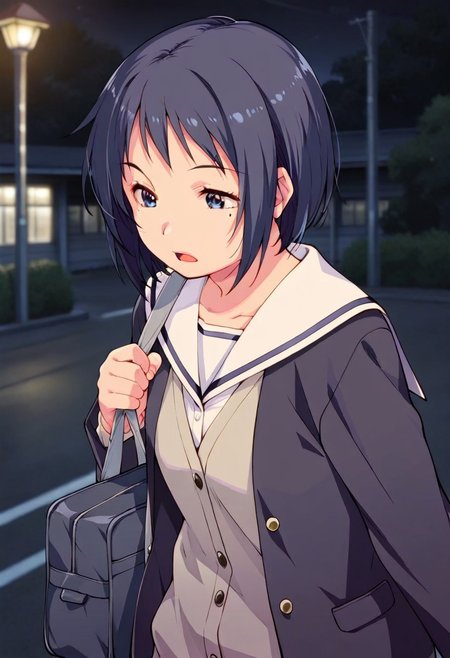 masterpiece,best quality,amazing quality,sanjo keiko, short hair, dark blue hair, blue eyes, 1girl, solo, school uniform, mole under eye, mole, night, bag, serafuku, open mouth, cardigan, school bag