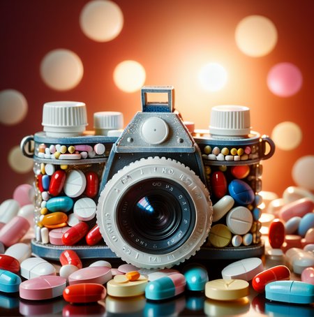 studio photography of a photo camera with pills, beautiful lighting and framing, a very detailed masterpiece, 3d <lora:pills:1.2>