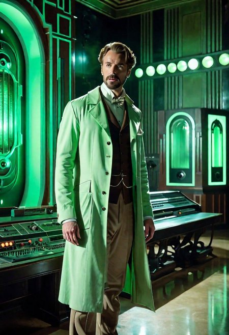 Retro futuristic Male Scientist wearing a pale green lab coat with light walnut pants and vest, in a gothic classic cinema Laboratory out of a james whales movie