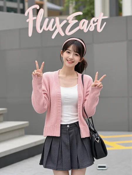 This is a clear, high-resolution everyday life photo with a casual style. In the picture, there is a young woman wearing a pink knit cardigan and a dark gray pleated denim skirt, paired with a black leather bag, giving off a fresh and natural vibe. Her hair is tied into a low ponytail, adorned with a pink hairband, adding a touch of playfulness. She looks at the camera with a smile and makes a "V" sign with her fingers, appearing very cute. The background consists of a gray wall and some blurred architectural structures, with a mobile phone on the ground, seemingly placed there by her.
There is a prominent artistic font above the picture, which reads' fluxEast 'in English