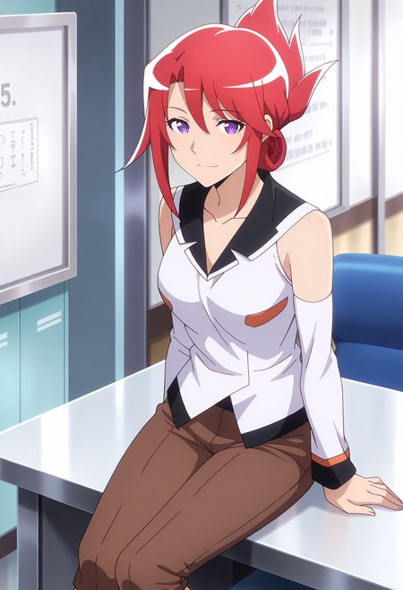 anime screencap, masterpiece, best quality,
<lora:PlasticMemories_KuwanomiKazuki_IlluXL:0.9>,
1girl, solo, closed mouth, light smile,
folded ponytail, red hair, purple eyes,
collarbone, black sailor collar, sleeveless, white shirt, detached sleeves, capri pants, brown pants,
sitting, on table, looking at viewer, cowboy shot,
office, indoors, whiteboard, blurry background