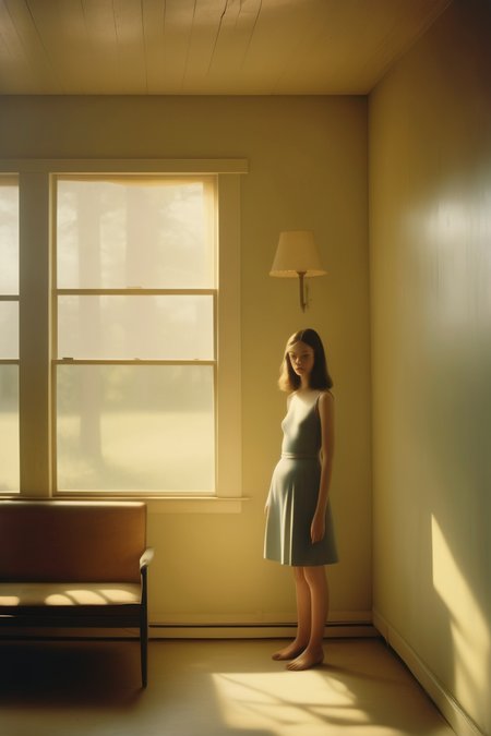 <lora:Todd Hido Style:1>Todd Hido Style - Liminal space interior near a country street. Evening light. 28mm lens, dramatic lighting. Realistic skin. Full length figures. 2023. By Todd Hido and Wes Anderson and Alex Webb and Bo Bartlett and Sally Mann. Mixed race.