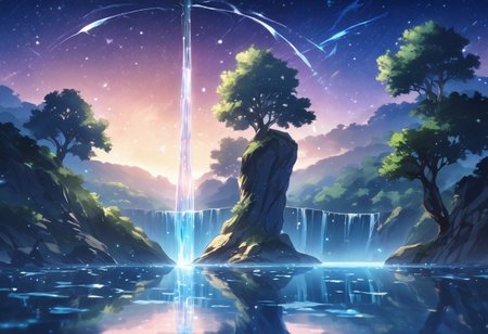 (masterpiece), best quality, Symphtia-Style, Anime, Illustration, (One Tree, Crystal, Magic, Reflection), Detailed Background, No Humans, Starry Theme, (Light Refraction), Symphtia-Style, Zyrnox-Exoterra Style, Natural Lighting, Waterfall, Water