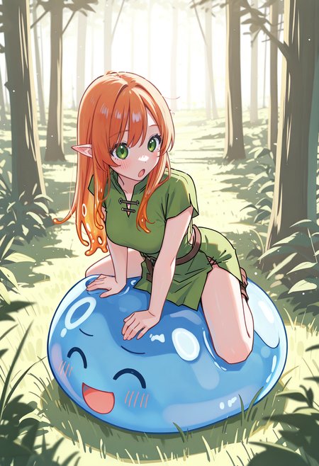 lineart, pencil art,
1girl, pointed ears, long hair, orange hair, green eyes, medium breasts,
tunic,
full body, riding on a large round slime, straddling a slime, /(slime making "^_^" face and blush/), /(girl making ":o" face/), volumetric lighting, forest, sunlight, trees, grass,
side view, from above,
<lora:hamafuguIL-style:1.2>,hamafugustyle,