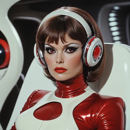 <lora:70sSci-FiMovieSDXL:1> ArsMovieStill, movie still from a 1970s technicolor Sci-Fi movie, The image is a close-up portrait of a woman wearing a futuristic outfit. She is sitting on a white chair with a futuristic design in the background. The woman is wearing a red and white suit with a high neckline and long sleeves. She has short dark hair styled in a bob with bangs and is wearing large round red headphones with white ear cushions. Her makeup is dramatic and dramatic with dark eyeliner and red lipstick. She appears to be looking off to the side with a serious expression on her face. The overall mood of the image is futuristic and futuristic., 1girl, solo, brown hair, headphones, realistic, shiny, short hair, shiny clothes, bodysuit, lips