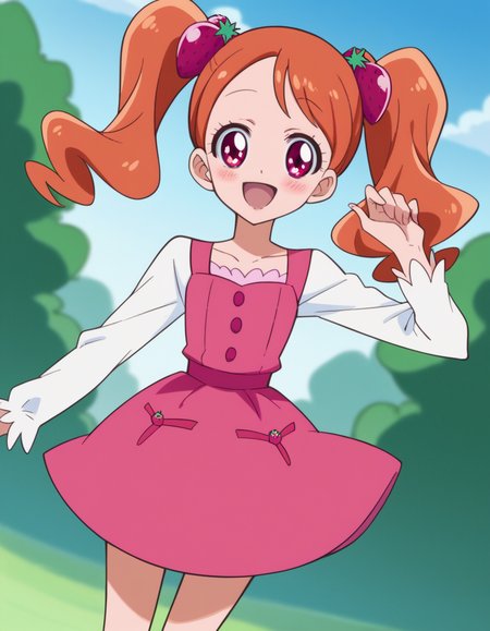 score_9, score_8_up, score_7_up, source_anime,
<lora:ichika-usami-anime-ponyxl-lora-nochekaiser:1>, ichika usami, hair ornament, twintails, pink eyes,
orange hair, long sleeves, dress, pink dress, food-themed hair ornament, strawberry hair ornament,
outdoors, smile, blush, open mouth,
looking at viewer, cowboy shot, dutch angle, solo,