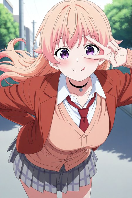 masterpiece, best quality, amazing quality, very aesthetic, absurdres, ultra detailed,
<lora:il_contrast_slider_d1 (Ð¦ÐÐÐ¢ ÐÐÐ Ð¢ÐÐÐÐ):-0.8>
 <lora:Nico Wakatsuki:0.8> nico_wakatsuki, 1girl,
smile, tongue out, floating hair, closed mouth, skirt, school uniform, jacket, pleated skirt, blazer, cardigan, shirt, collarbone, grey skirt, plaid, plaid skirt, necktie, red necktie, leaning over, peace sign over eye,